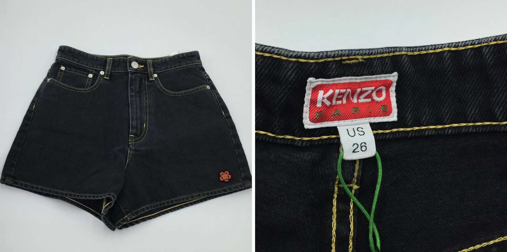 Kenzo denim shorts and a close-up of their US 26 label photographed at the UNDbox warehouse