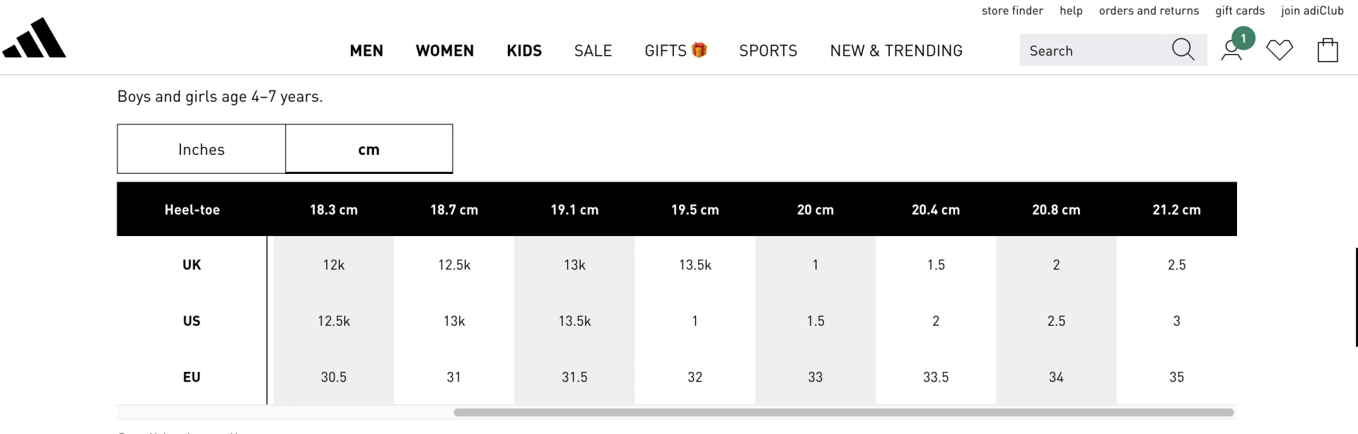 Детская таблица adidas: EU 34 соответствует US 2.5 и длине стопы Heel-toe 20,8 см
