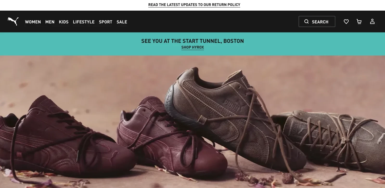 Puma US homepage featuring burgundy and brown sneakers