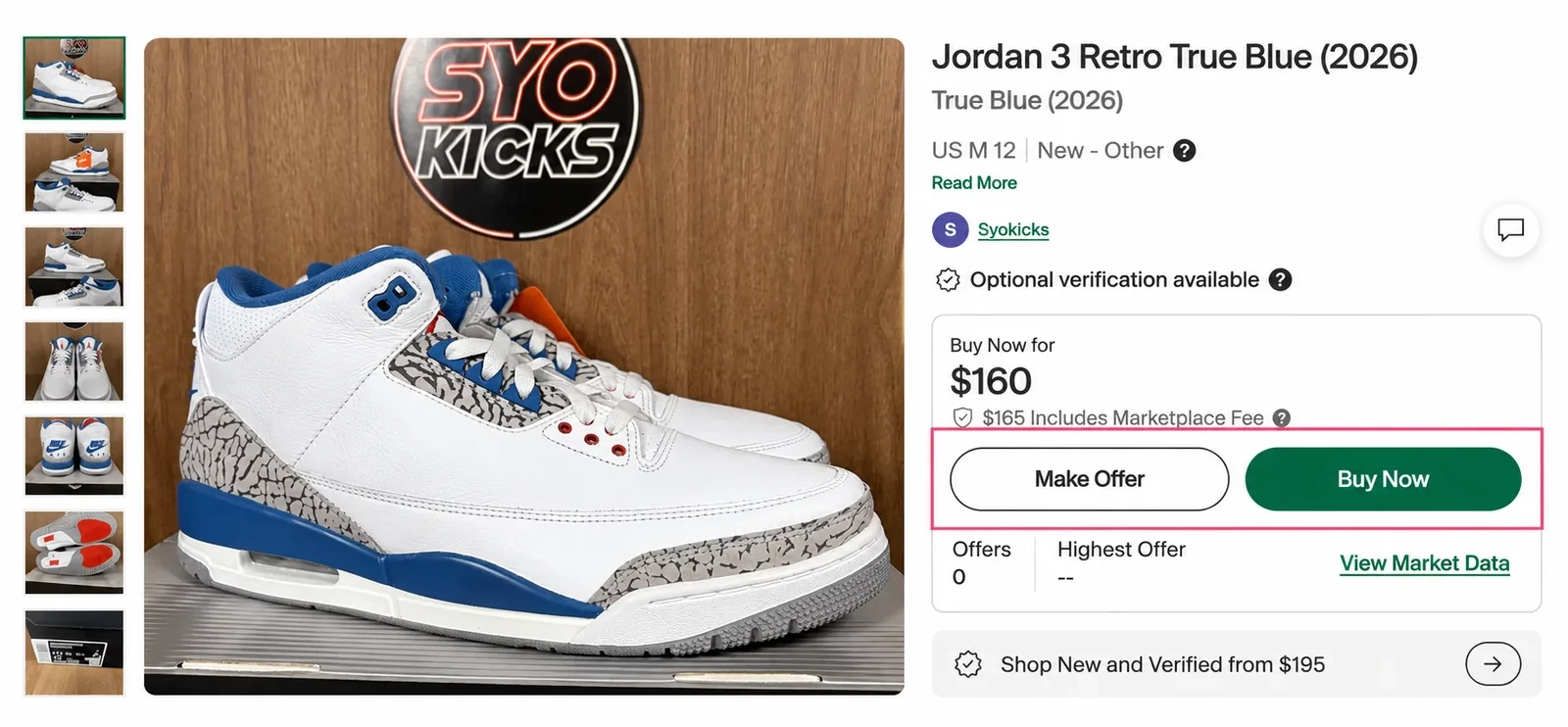 StockX listing with Make Offer, Buy Now and optional verification