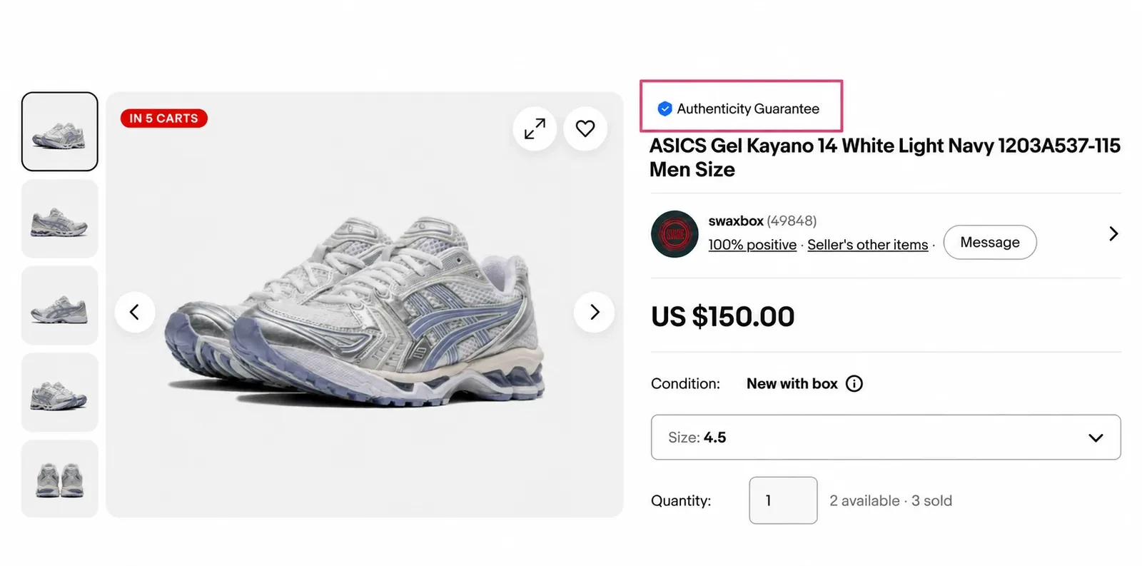 eBay sneaker listing displaying the Authenticity Guarantee badge