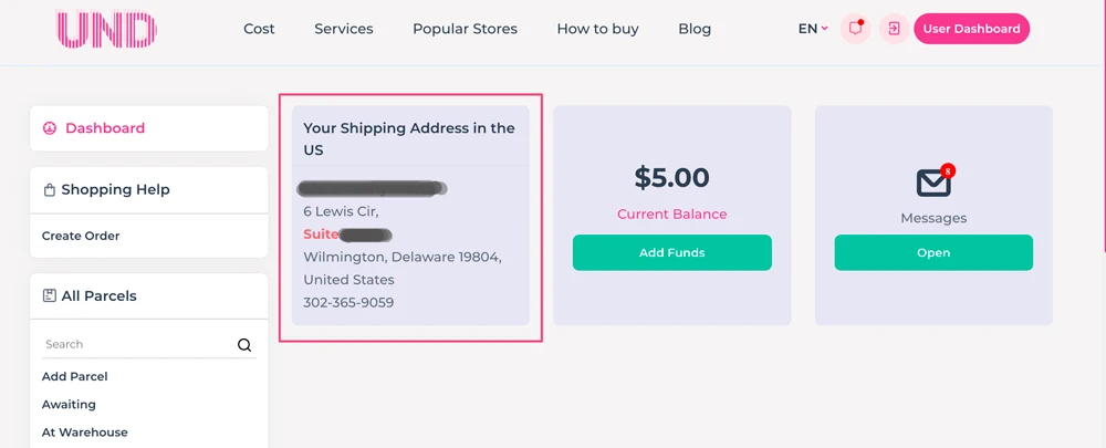 shipping address meaning for delivery to the UNDbox warehouse