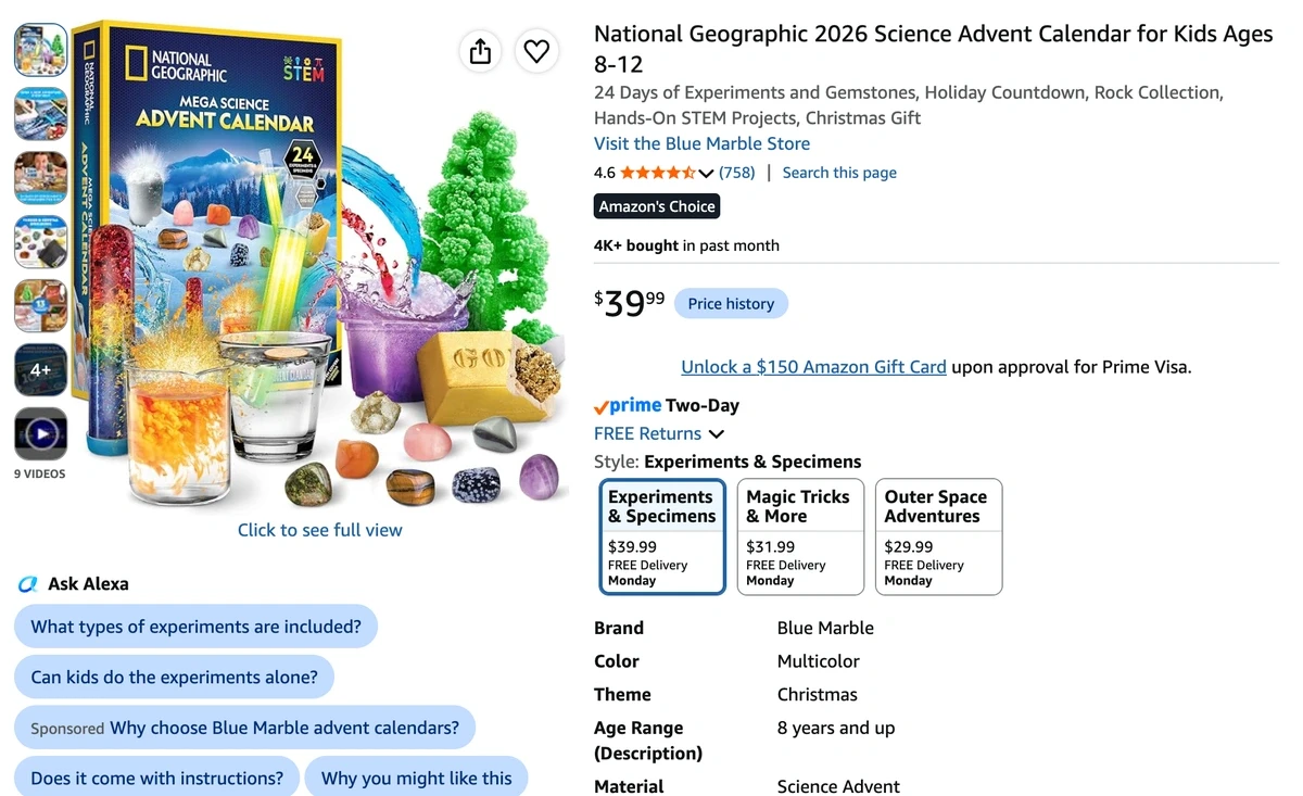 National Geographic Science Advent Calendar 2026 с опытами и минералами для детей 8-12 лет