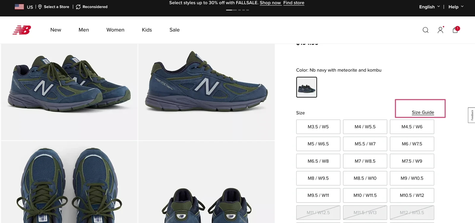 Размерная сетка New Balance Made in USA 990v4 с мужскими и женскими размерами