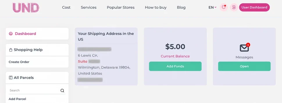 UNDbox US shipping address for Amazon