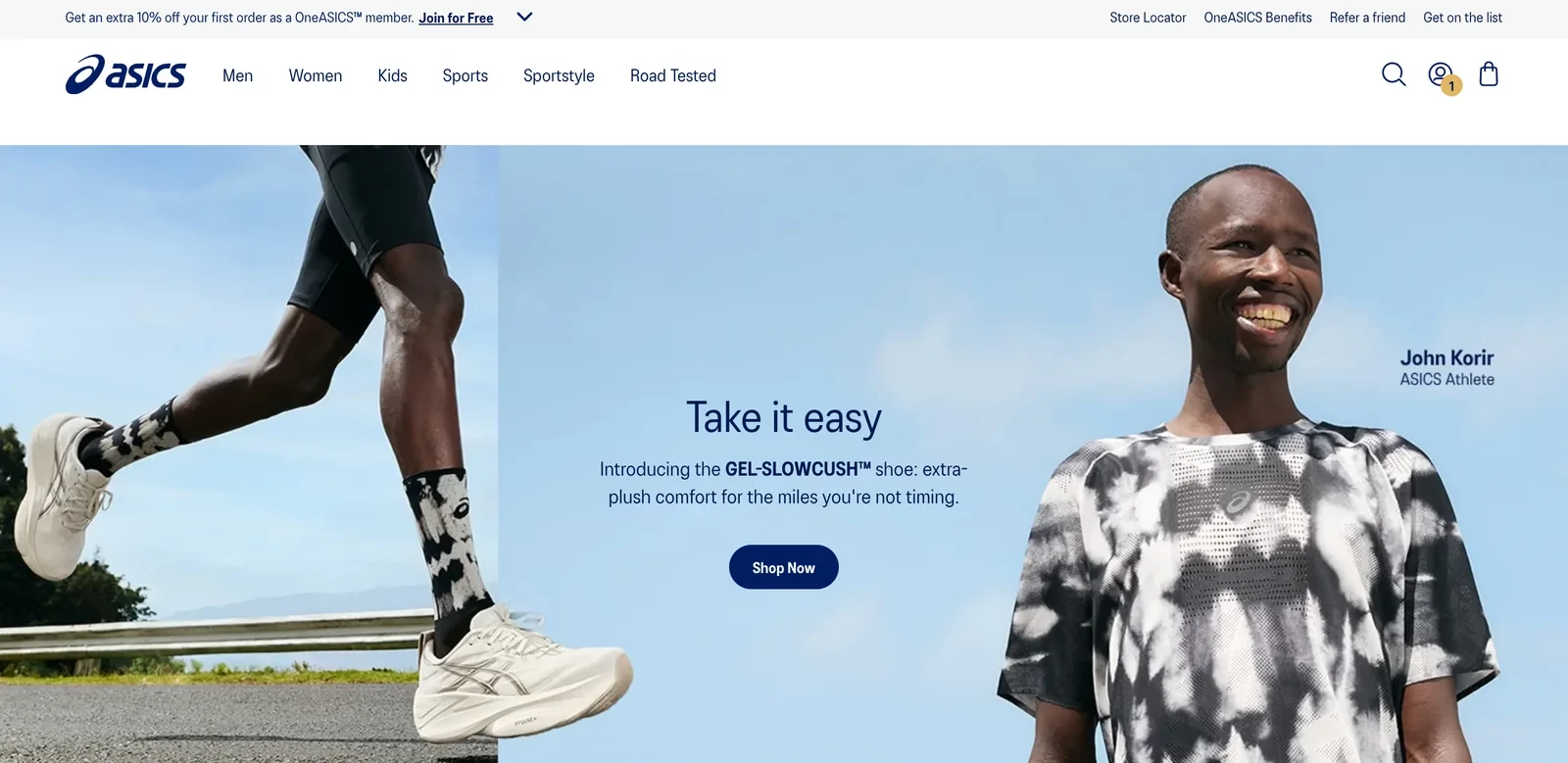ASICS US homepage featuring GEL-SLOWCUSH shoes and athlete John Korir