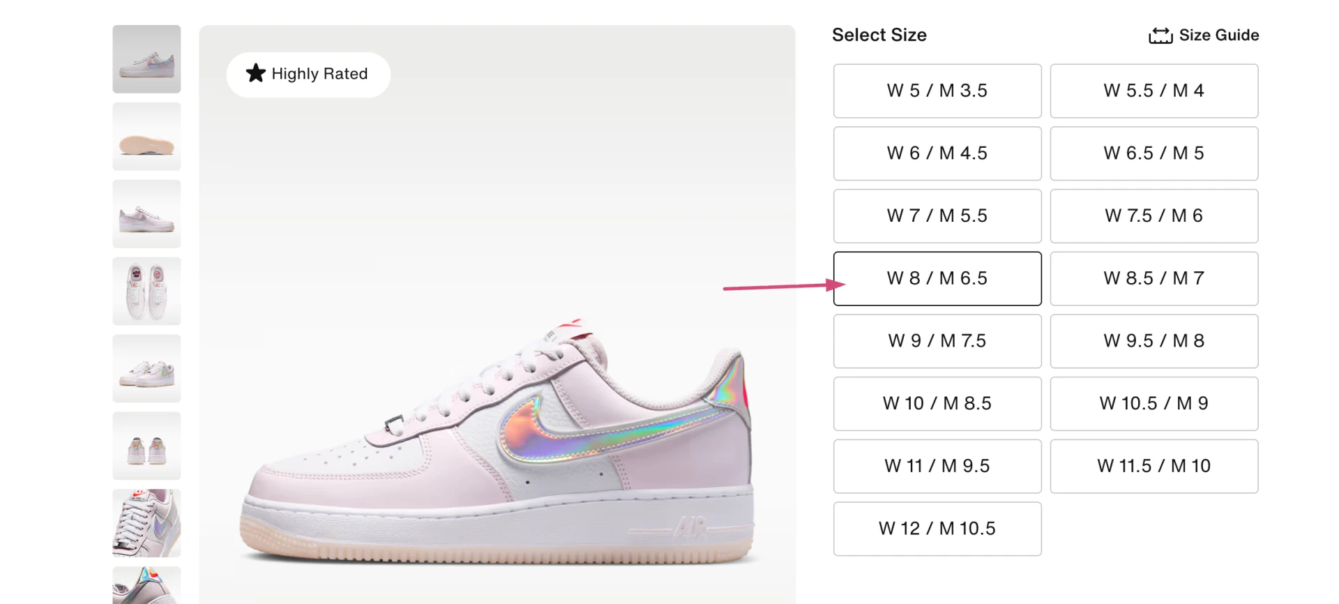 Кнопка Size Guide рядом с выбором размера Nike Air Force 1 на официальном сайте Nike