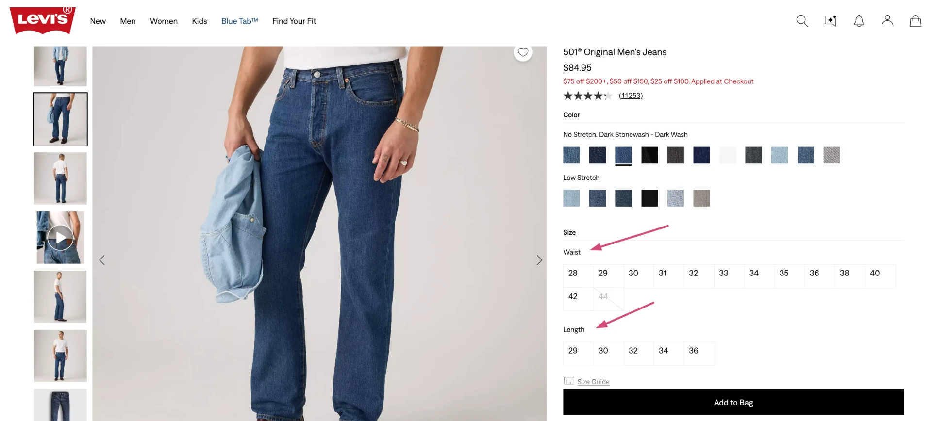 Levi’s 501 Original Men’s Jeans page with arrows pointing to the separate Waist and Length selectors
