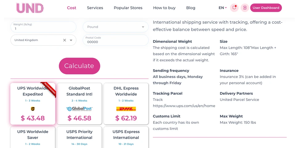 UNDbox calculator for eBay international shipping cost by destination and weight