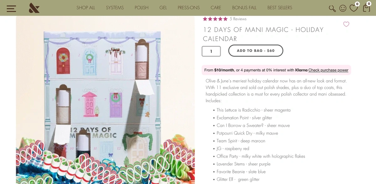 Olive & June 12 Days of Mani Magic с лаками и верхними покрытиями для маникюра