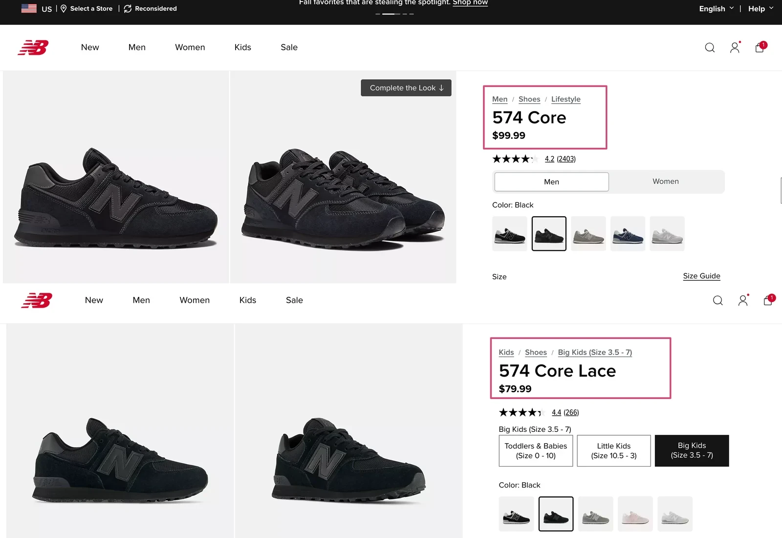 Сравнение цены взрослых New Balance 574 Core и модели 574 Core Lace для Big Kids