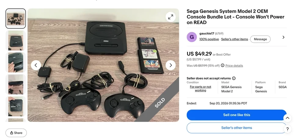 Sega Genesis bundle sold on eBay for 49.29 dollars
