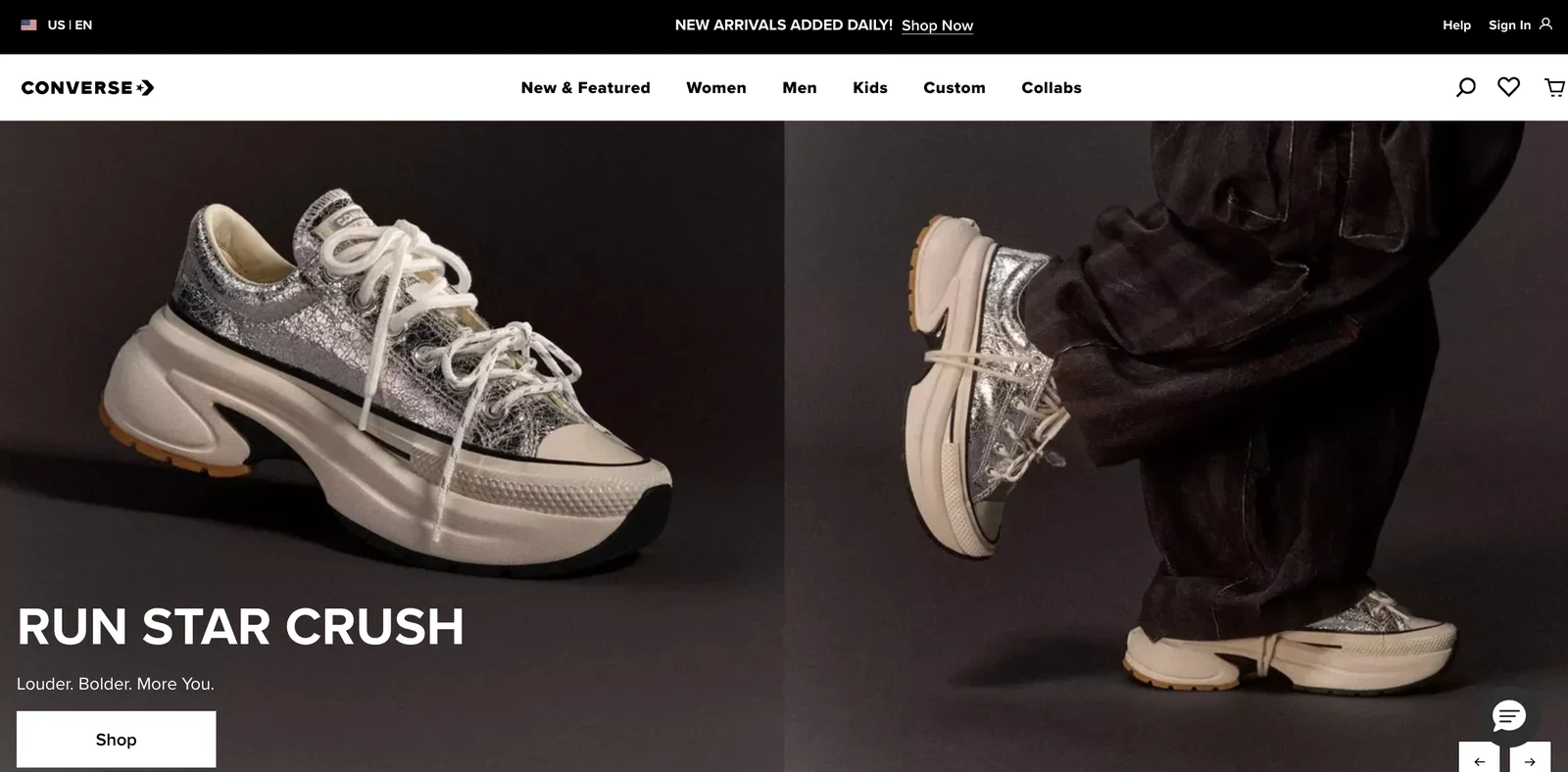 Converse US homepage featuring silver Run Star Crush platform sneakers