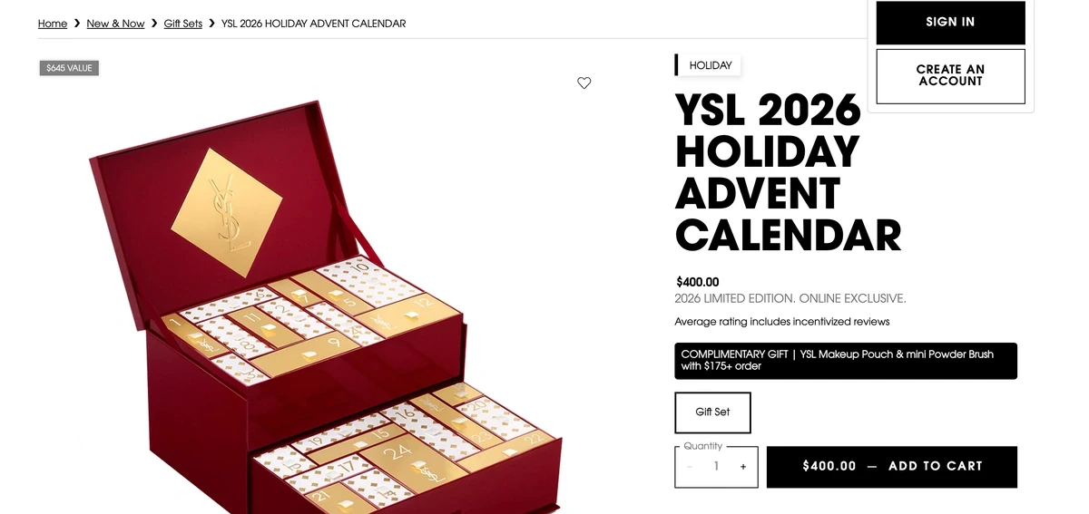 YSL Holiday Advent Calendar 2026 с макияжем, уходом и миниатюрами ароматов