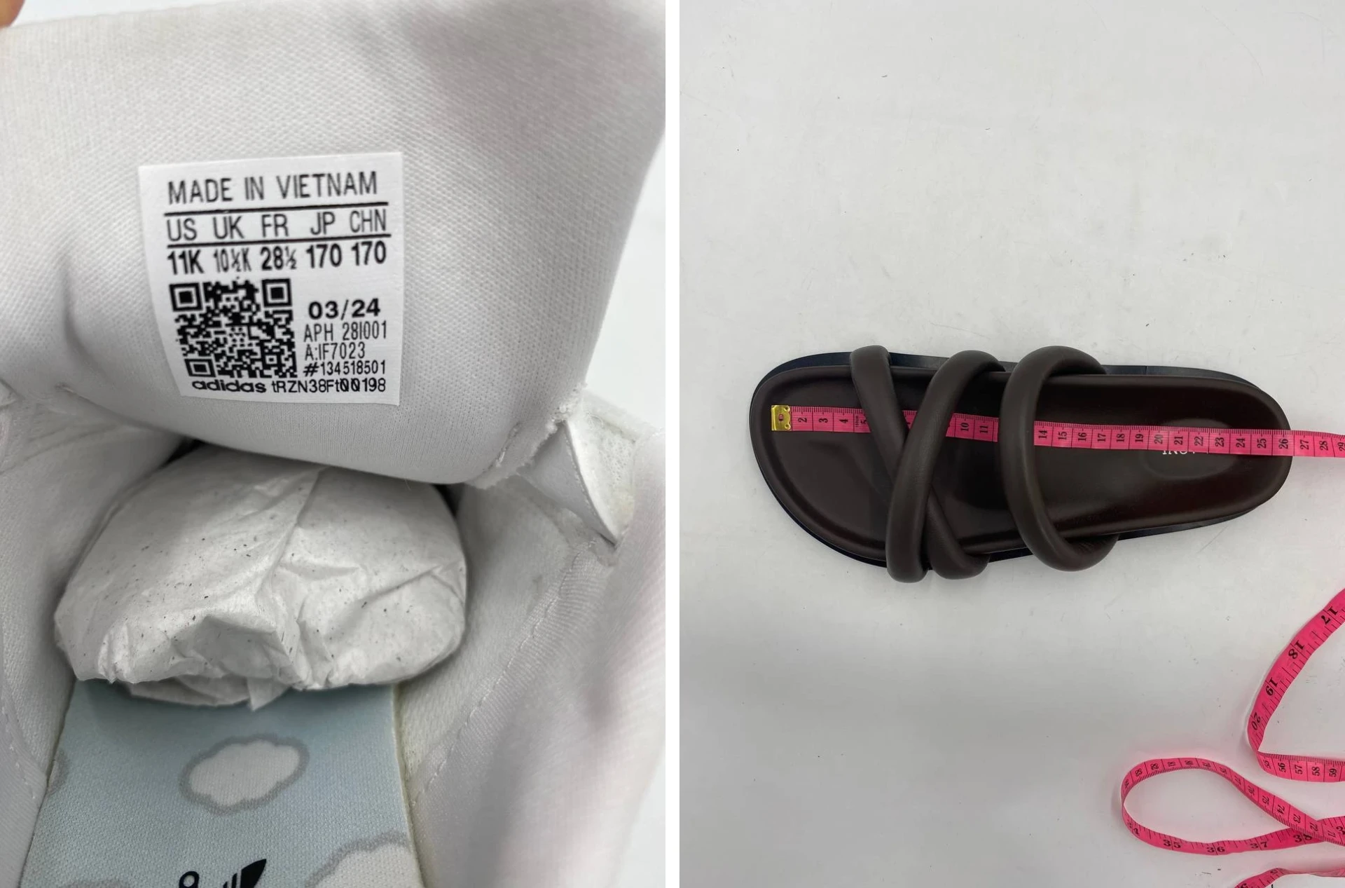 Фото размерной бирки детской обуви adidas и отдельный пример замера внутренней длины сандалии на складе UNDbox