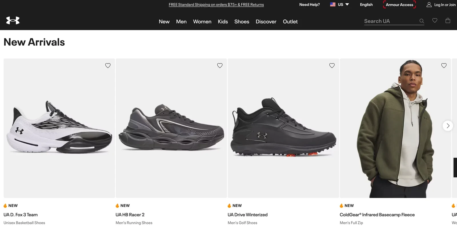 Новые кроссовки Under Armour на официальном сайте бренда в США