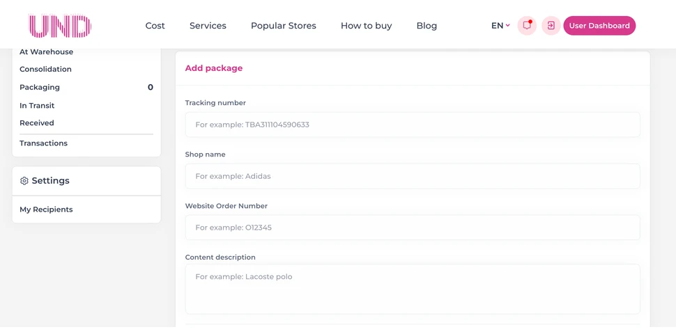 UNDbox account form for adding an eBay international shipping tracking number