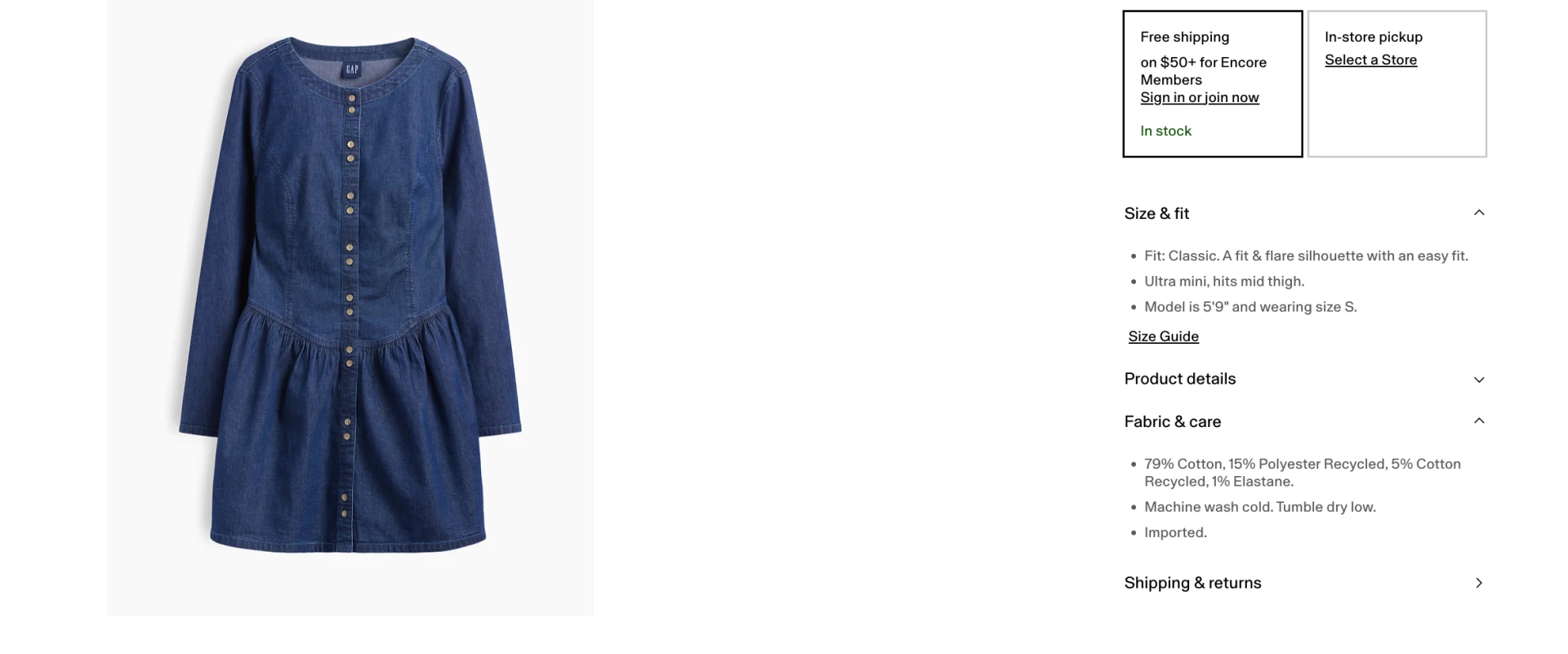 Gap denim dress page showing Size and Fit, model height and size S, and fabric composition with 1% elastane