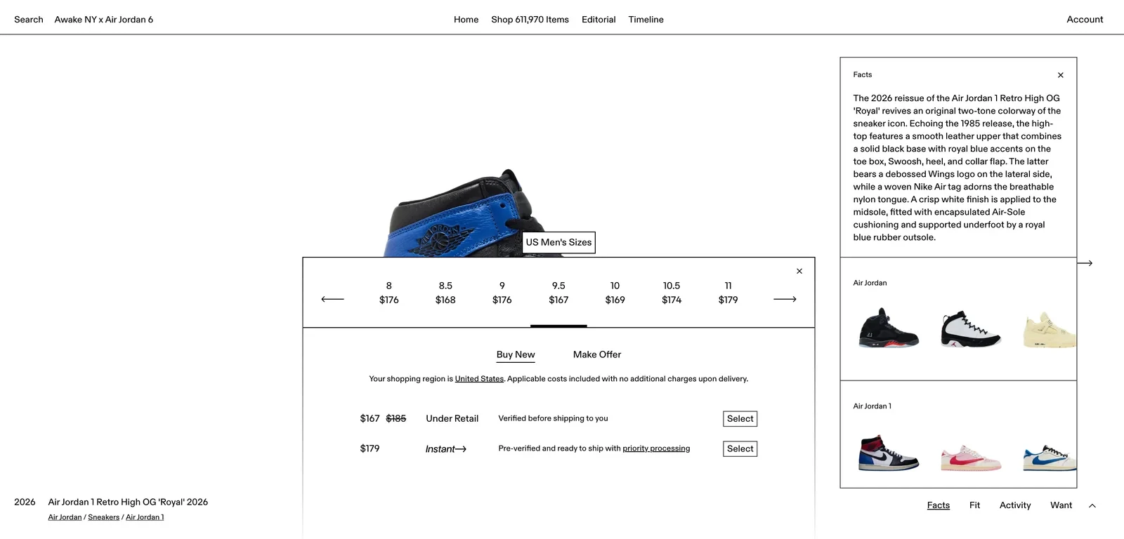 GOAT Air Jordan 1 Royal product page showing Buy New, Make Offer and Instant purchase options