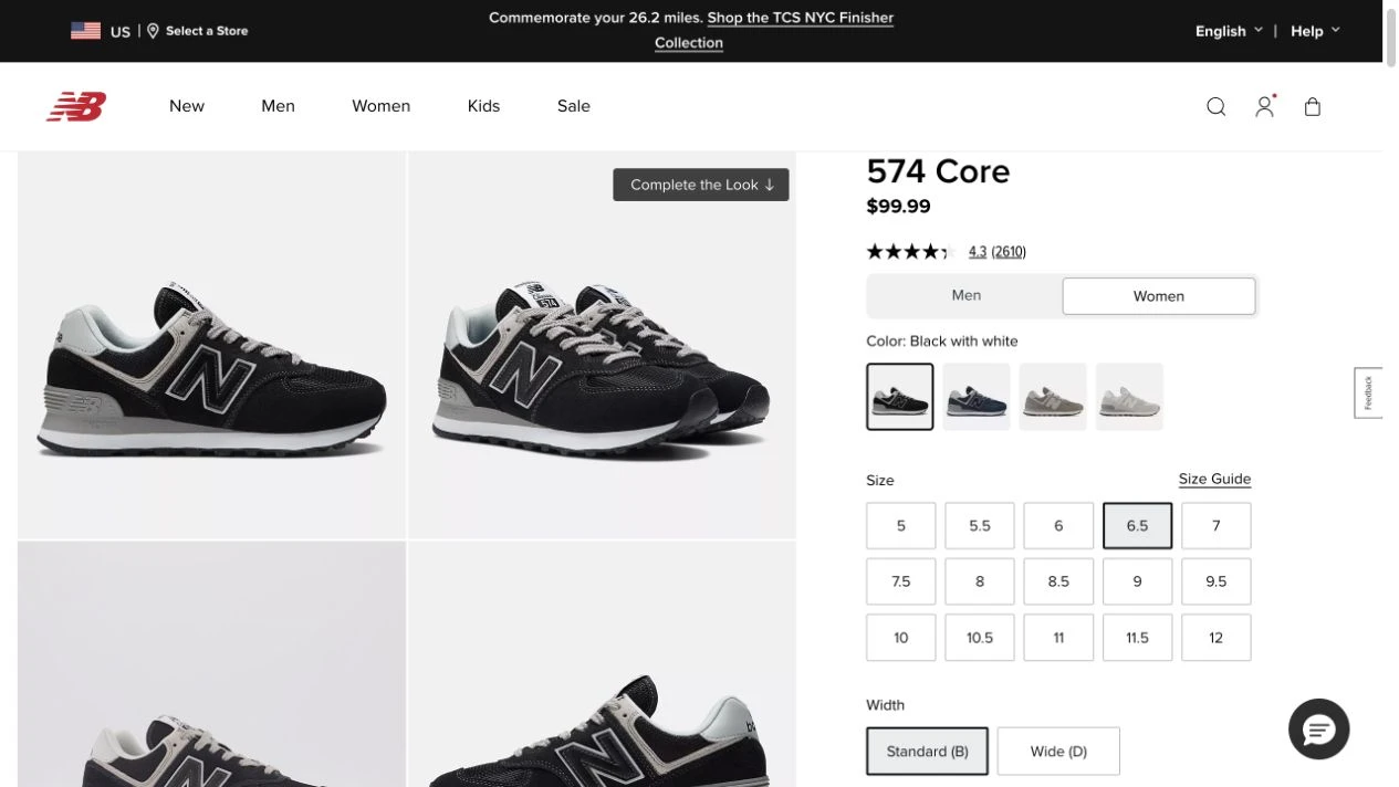 Женские New Balance 574 Core: отдельный выбор размера Size и ширины Standard (B) или Wide (D)