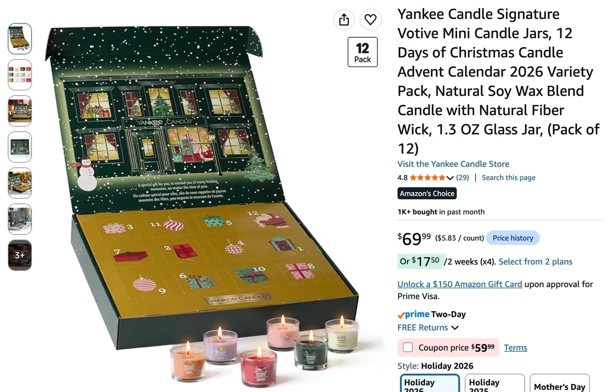 Адвент-календарь Yankee Candle 2026 с 12 ароматическими свечами на Amazon
